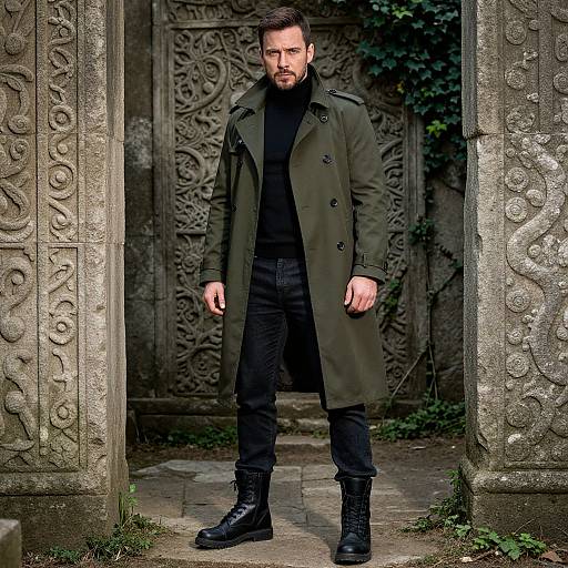 Man in Trench Coat and Combat Boots by Ornate Stone Pillars
