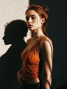 Portrait of Red-Haired Woman in Burnt Orange Top with Dramatic Shadow