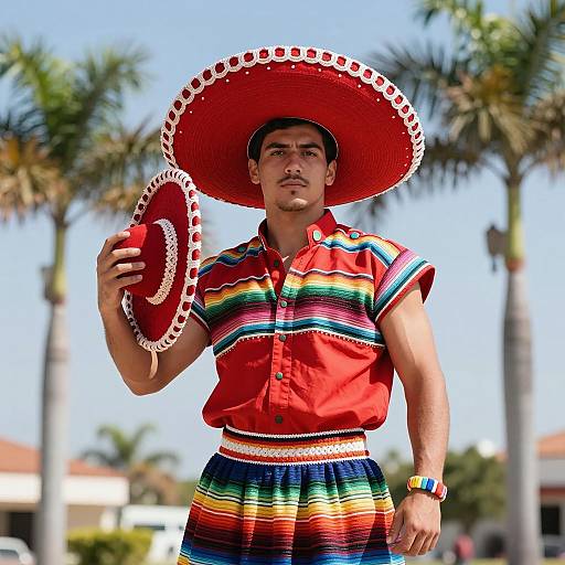 Man in Traditional Mexican Sombrero and Colorful Outfit Outdoors