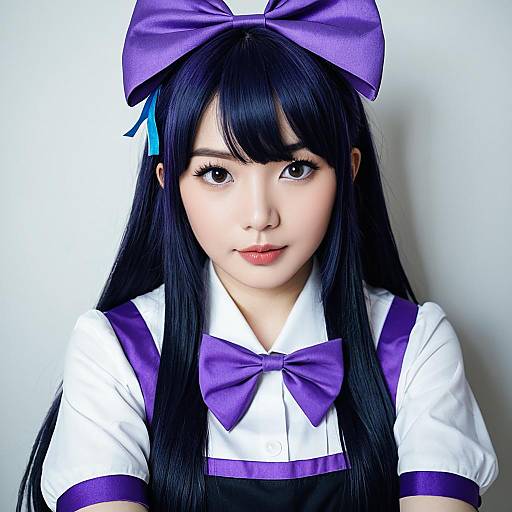 Anime Style Cosplay Portrait of Woman with Purple Bow and Dark Hair