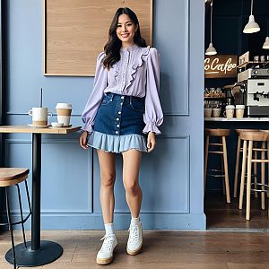 Young Woman in Lavender Ruffled Blouse and Denim Skirt at Coffee Shop