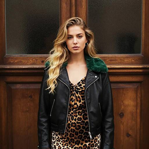 Fashionable Woman in Leopard Print Dress and Leather Jacket with Green Fur Collar
