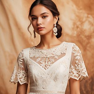 Elegant Ivory Lace Dress with Floral Embroidery