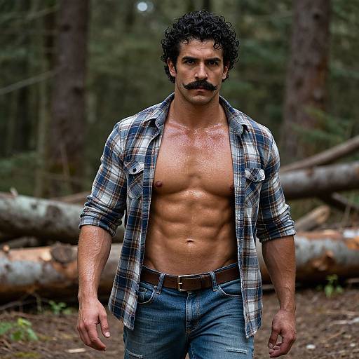 Muscular Man with Mustache Wearing Plaid Shirt in Forest