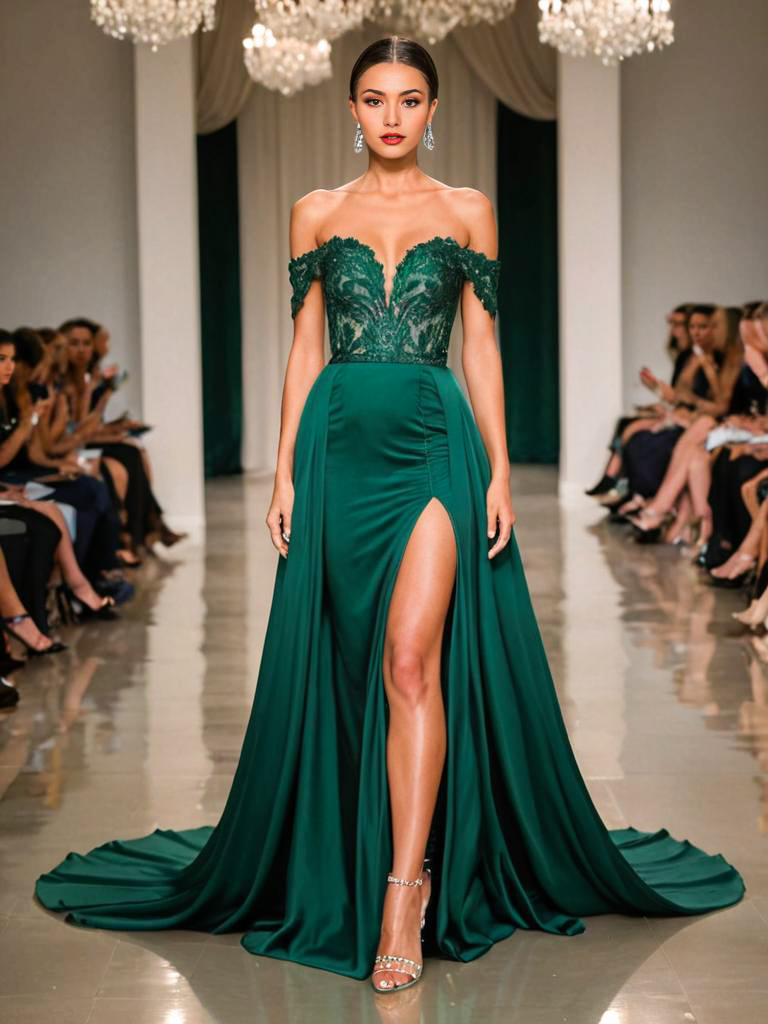 Model in Luxurious Emerald Green Gown on Runway