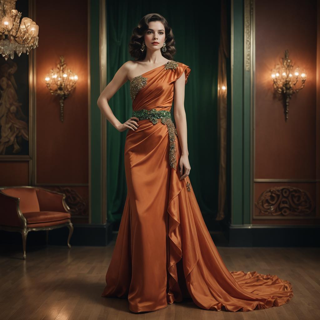 Elegant Woman in Orange Satin Evening Gown with Classic Hollywood Glamour