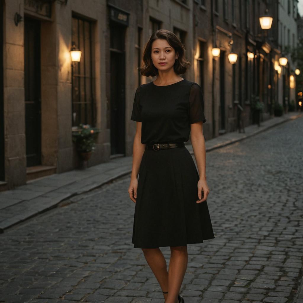 Elegant Woman on Cobblestone Street at Evening