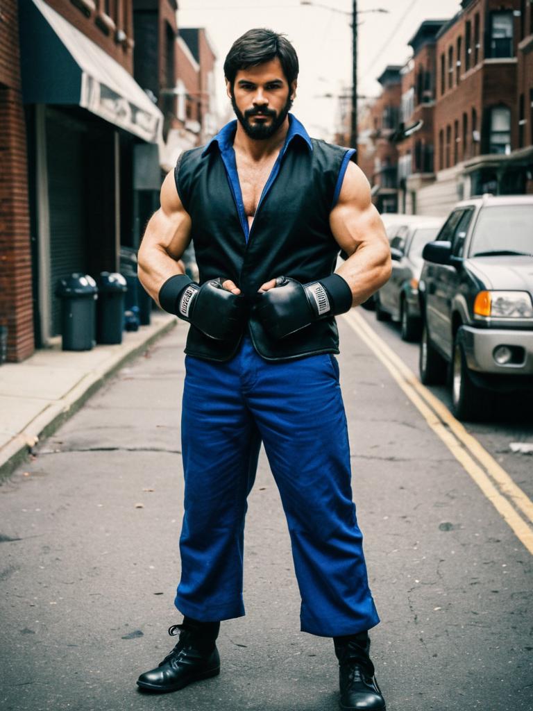 Street Fighter Inspired Male Costume with Gloves and Blue Pants on Urban Street