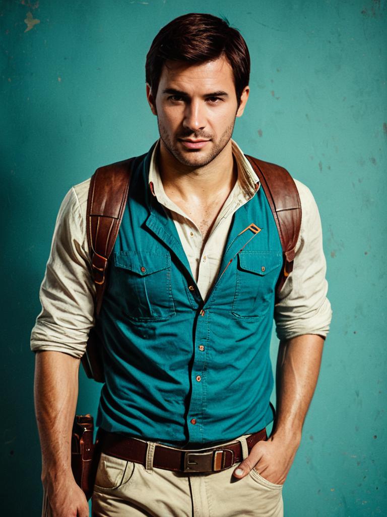 Man Cosplay Wearing Nathan Drake Costume Realistic Photo