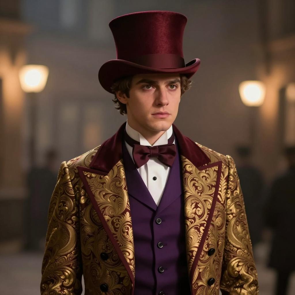 Victorian Era Young Man in Ornate Gold and Burgundy Costume with Top Hat