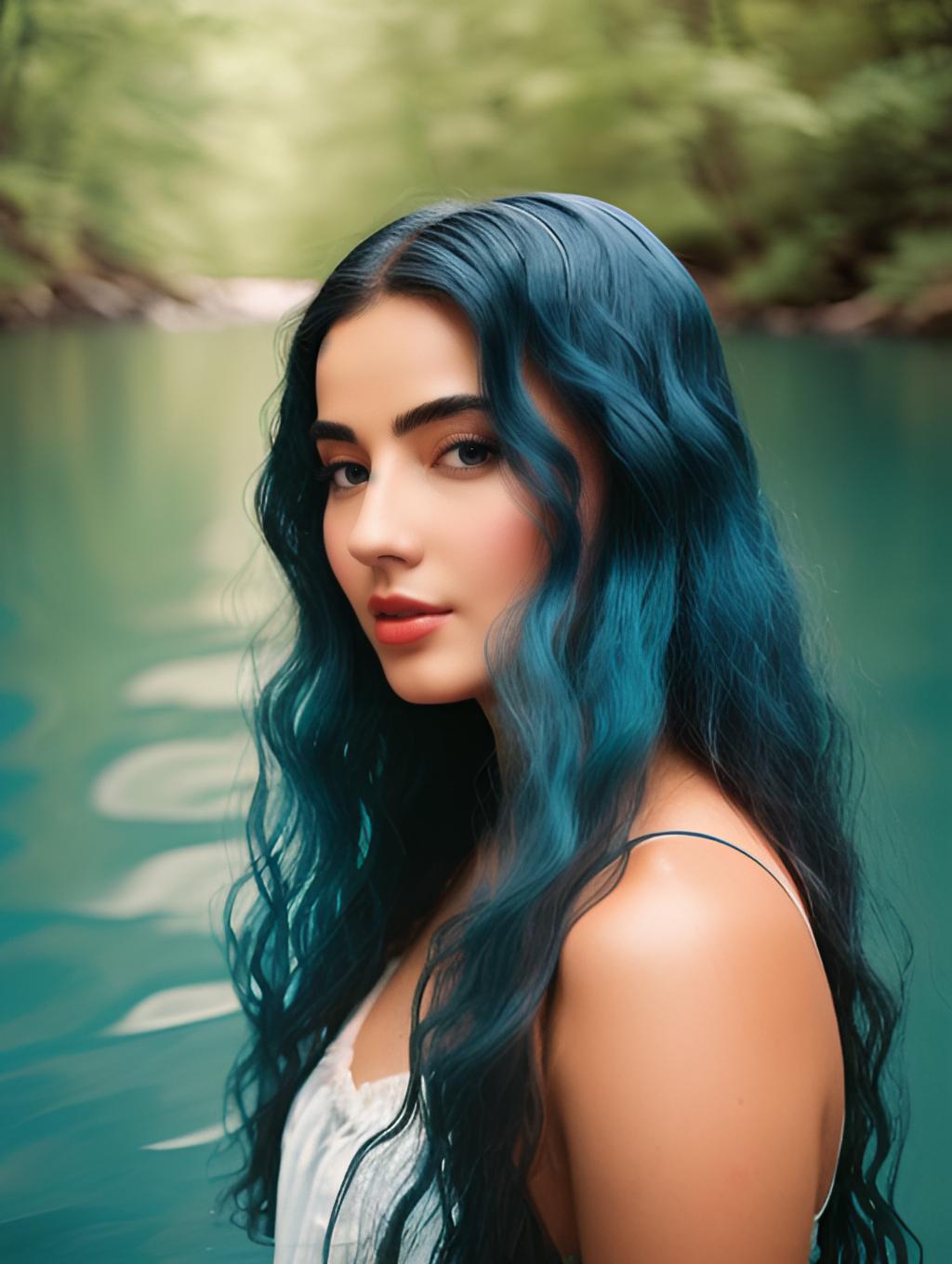 Portrait of Woman with Wavy Teal Blue Hair by River in Natural Setting