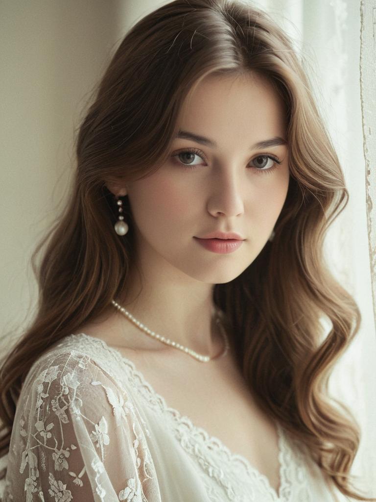 Elegant Portrait of Young Woman in Lace Dress with Pearl Jewelry