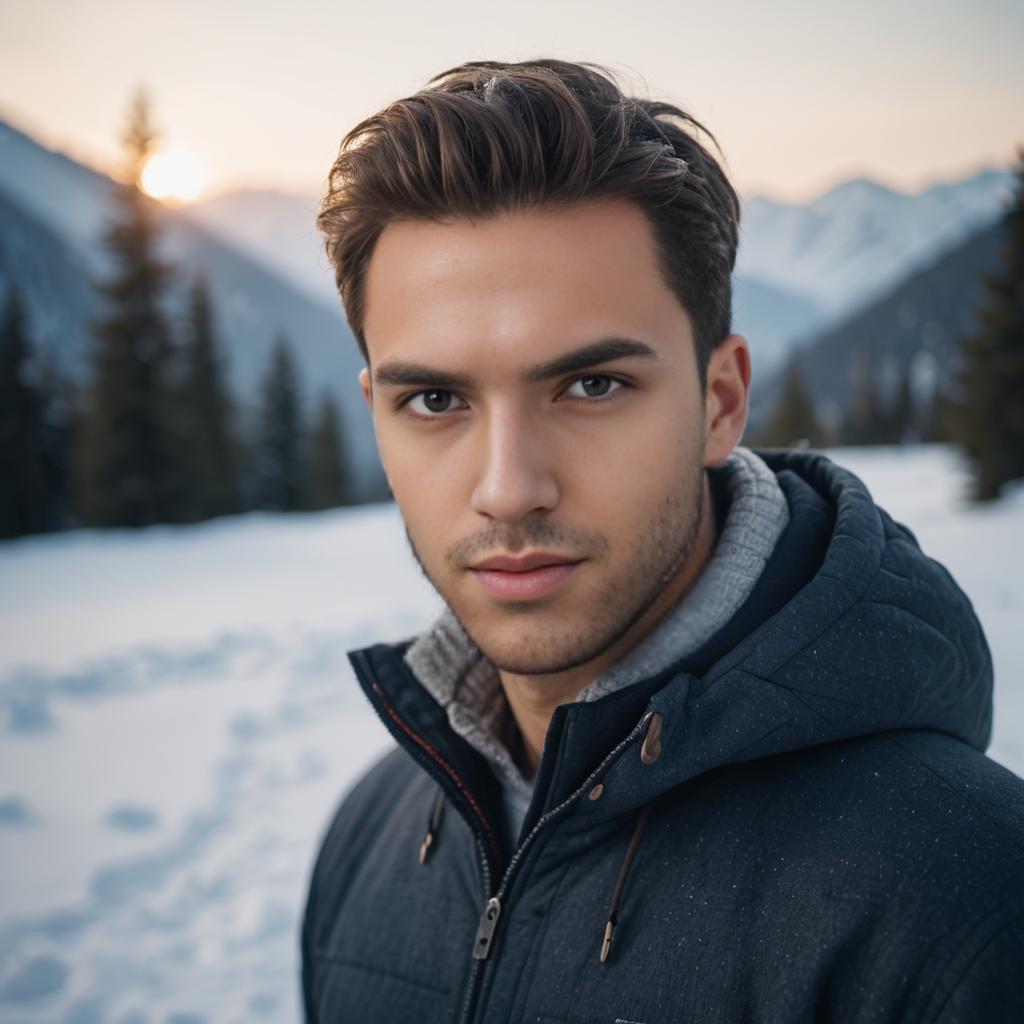 Young Man in Snowy Mountain Landscape