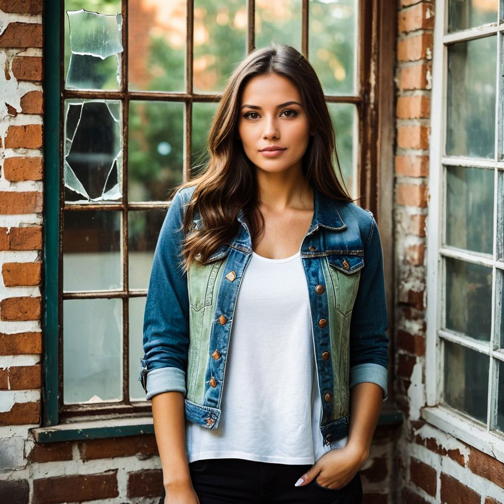 Confident Young Woman in Denim Jacket by Rustic Window
