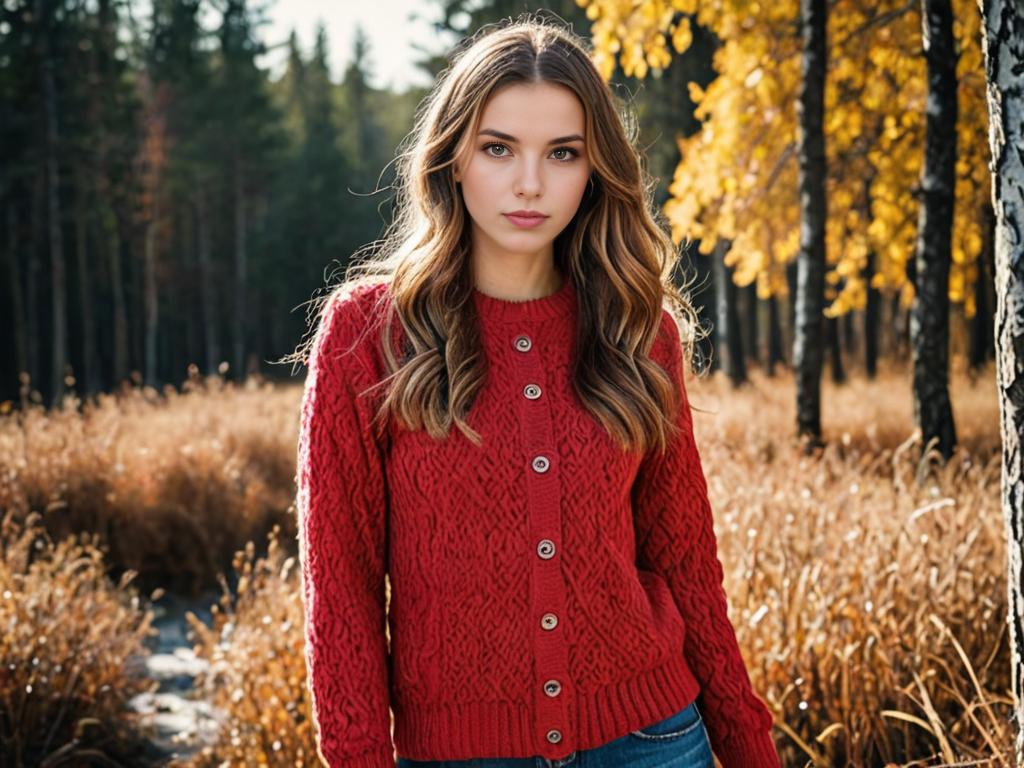 Woman in Red Cardigan and Jeans in Autumn Forest