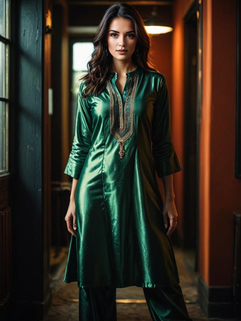 Confident Woman in Elegant Green Attire