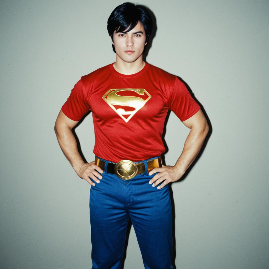 Young Man Wearing Red Superman Shirt and Blue Pants Posing in Studio