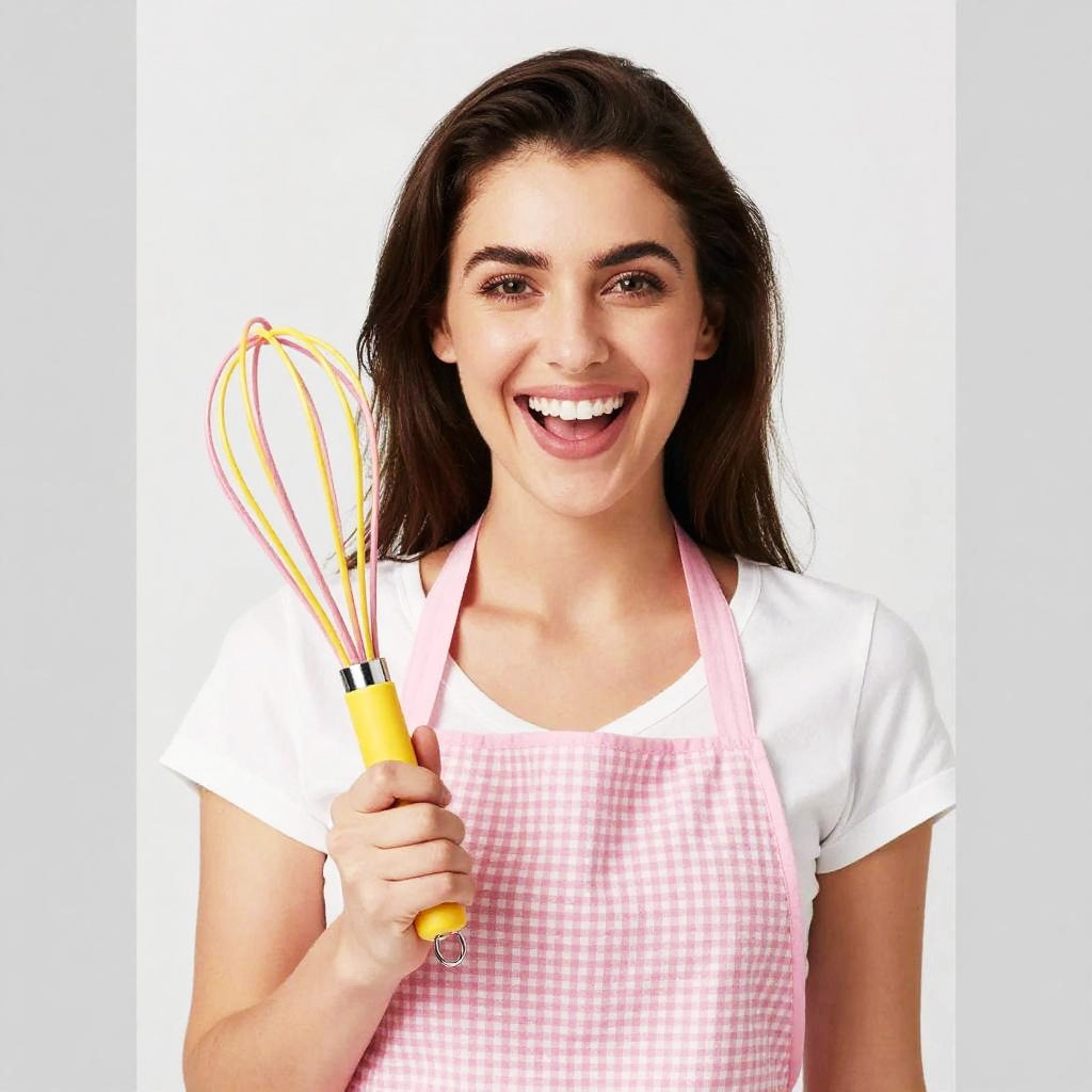 Smiling Woman in Pink Apron Holding Colorful Whisk for Cooking