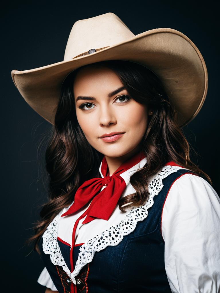 Woman in Cowgirl Fancy Dress Costume Professional Cosplay Studio Portrait