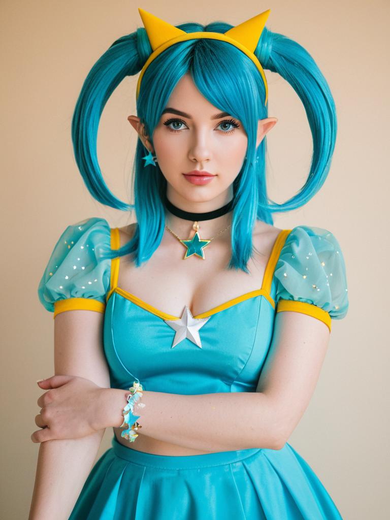 Blue Star-Themed Cosplay Woman in Fantasy Outfit with Pigtails
