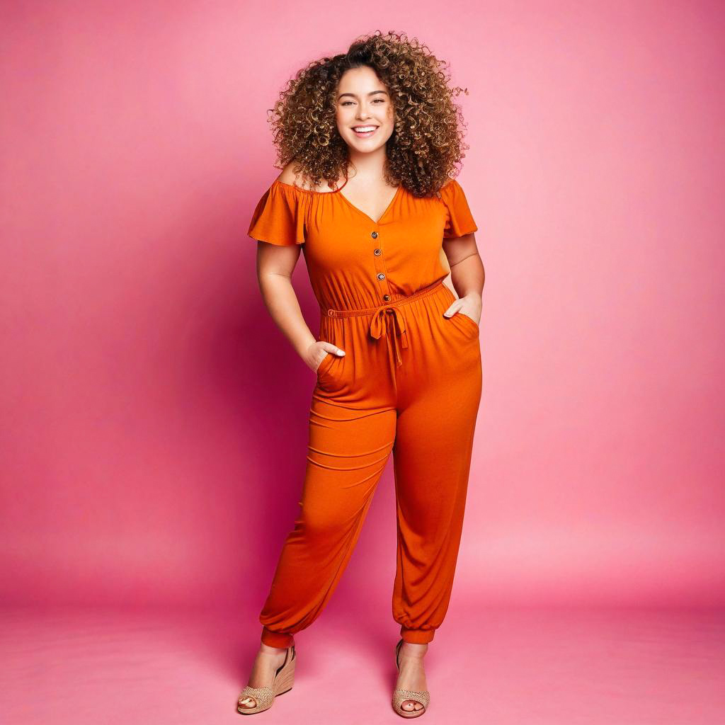 Confident Woman in Orange Jumpsuit Against Pink Background