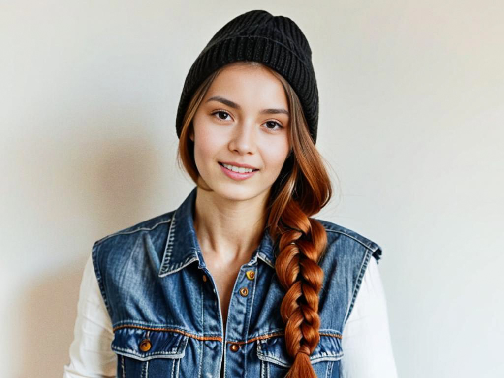 Young Woman in Denim Jacket and Beanie