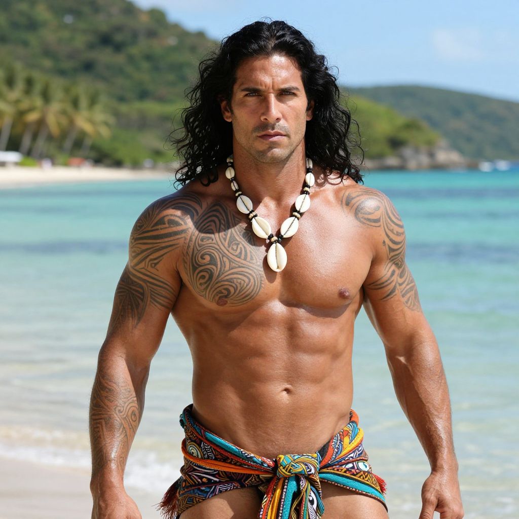 Muscular Man with Tribal Tattoos on Tropical Beach Wearing Shell Necklace and Sarong