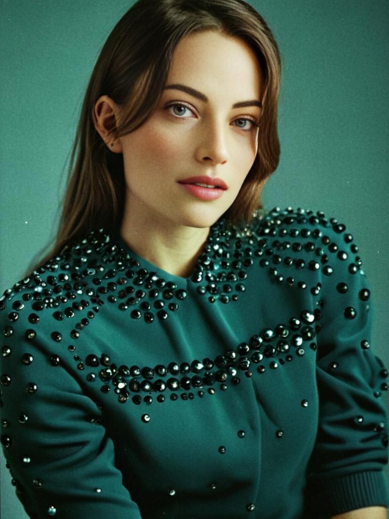 Elegant Woman Wearing Teal Top with Black Bead Embellishments