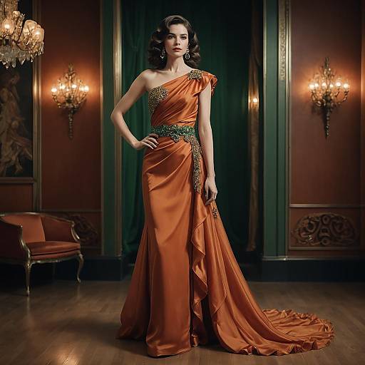 Elegant Woman in Orange Satin Evening Gown with Classic Hollywood Glamour