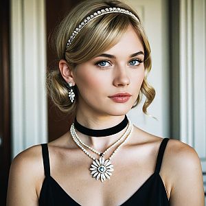 Elegant blonde woman in vintage-inspired fashion with sparkling accessories