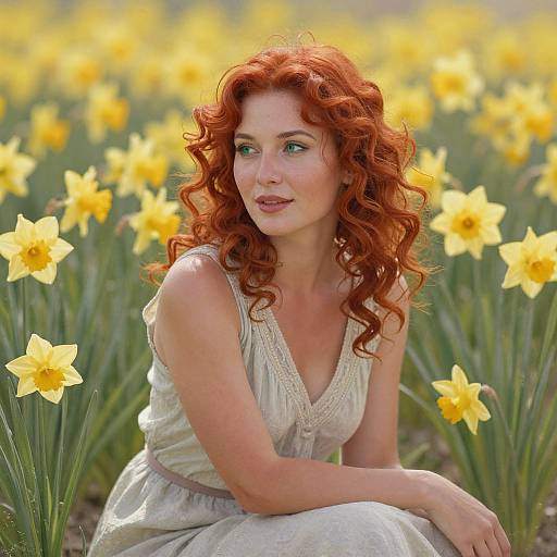 Woman with Red Curly Hair Sitting in Yellow Daffodil Field