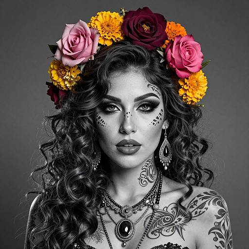 Elegant Woman Portrait with Floral Crown and Intricate Tattoos