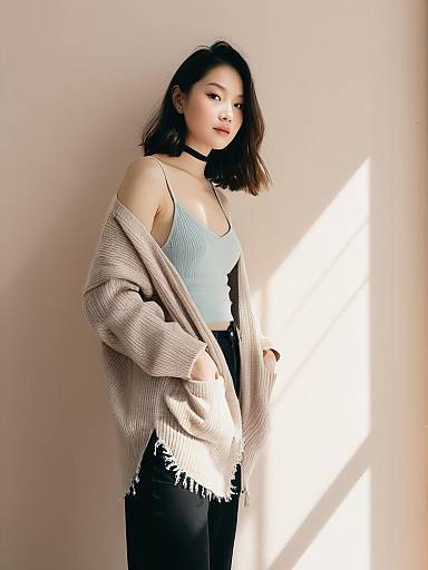 Woman in Contemporary Urban Distressed Cream Cardigan and Light Blue Ribbed Camisole
