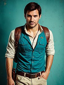 Man Cosplay Wearing Nathan Drake Costume Realistic Photo