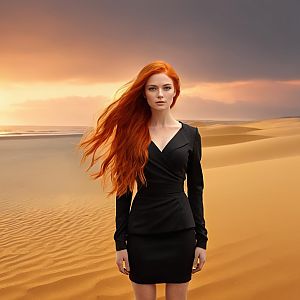 Red-Haired Woman in Black Dress Standing in Desert Sand Dunes at Sunset