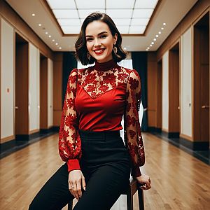 Stylish Woman in Red Blouse and Black Trousers