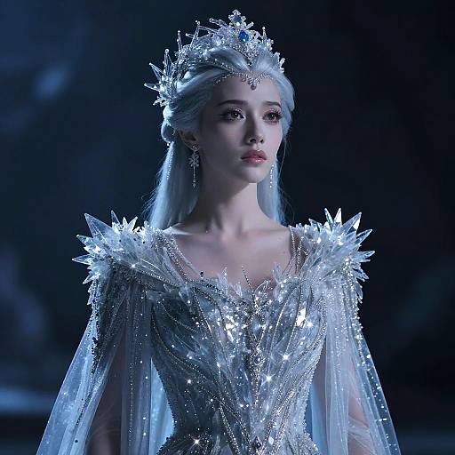 Elegant Ice Queen Woman in Sparkling Silver Fantasy Gown
