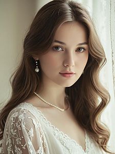 Elegant Portrait of Young Woman in Lace Dress with Pearl Jewelry