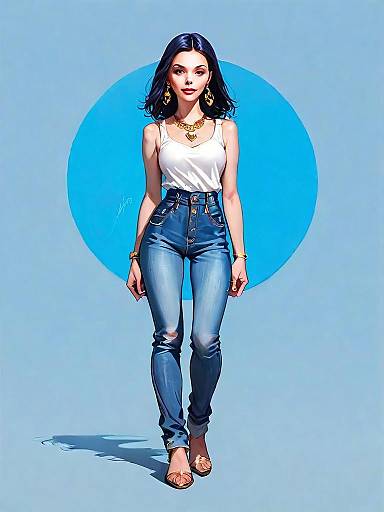 Stylized Realistic Full Body Illustration of Woman in Casual Outfit with Gold Jewelry
