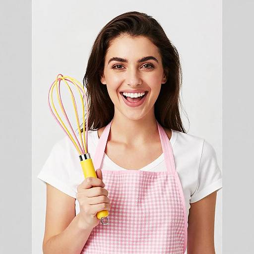 Smiling Woman in Pink Apron Holding Colorful Whisk for Cooking