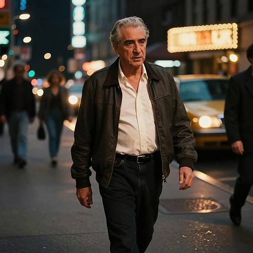 Older Man Walking Alone on City Street at Night Urban Lifestyle