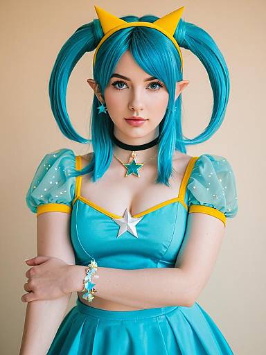 Blue Star-Themed Cosplay Woman in Fantasy Outfit with Pigtails