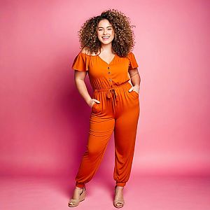 Confident Woman in Orange Jumpsuit Against Pink Background