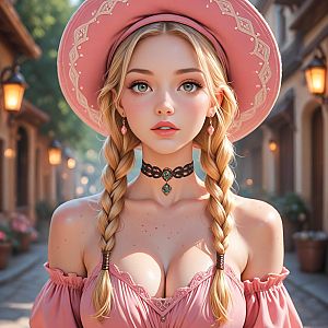 Young Woman in Pink Hat and Dress