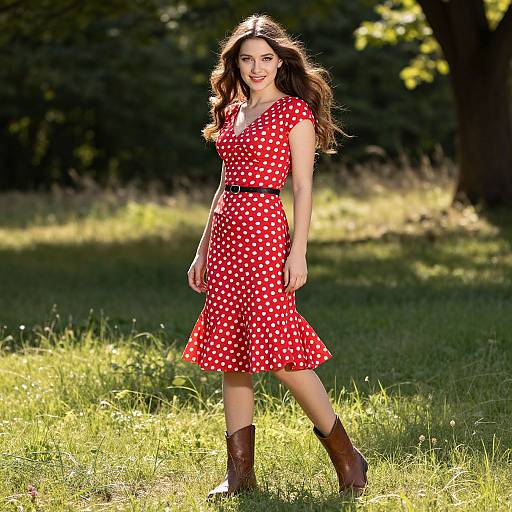 Young Woman in Red Polka Dot Dress Standing in Sunny Meadow