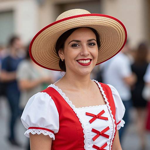 Smiling Woman in Red Bavarian Dirndl and Wide-Brimmed Straw Hat
