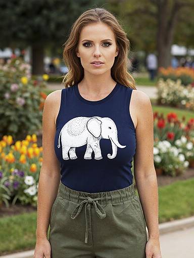 Athletic Woman in Sleeveless Navy Top with White Elephant Print Outdoors