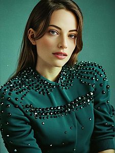 Elegant Woman Wearing Teal Top with Black Bead Embellishments
