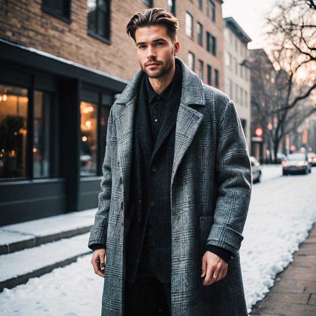 Stylish Man in Gray Overcoat on Snowy Street