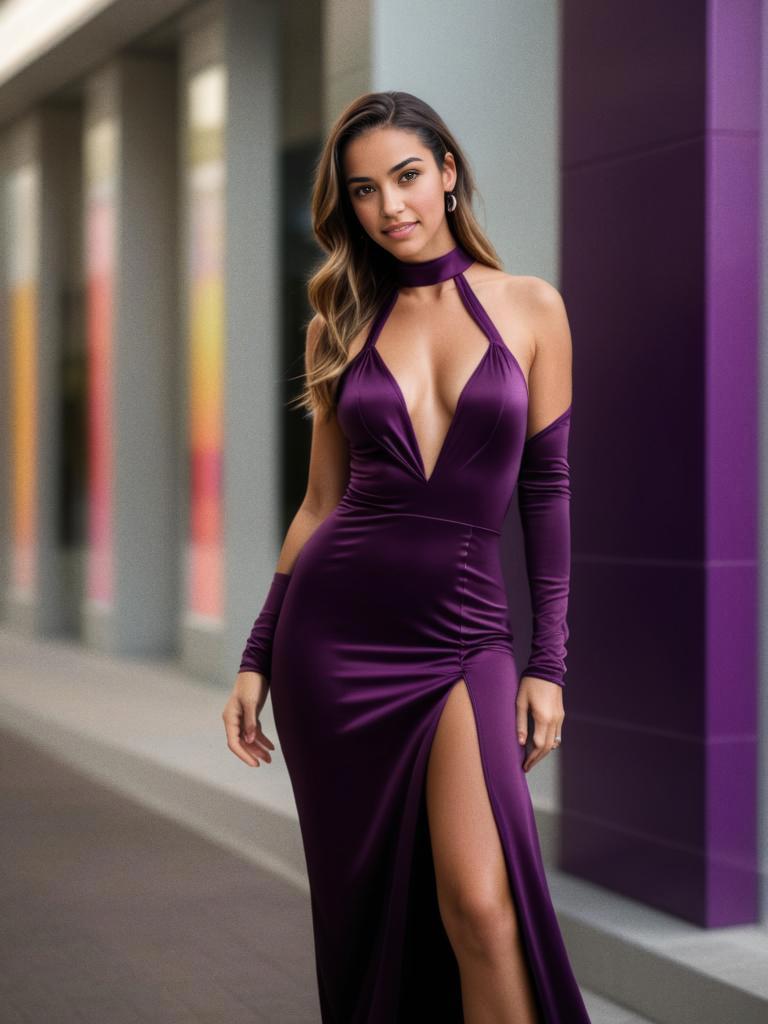 Woman in Glamorous Purple Gown with Urban Backdrop